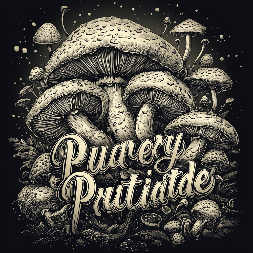 Bold, dynamic logo for 'PurePartyProducts' with artistic mushroom designs.
