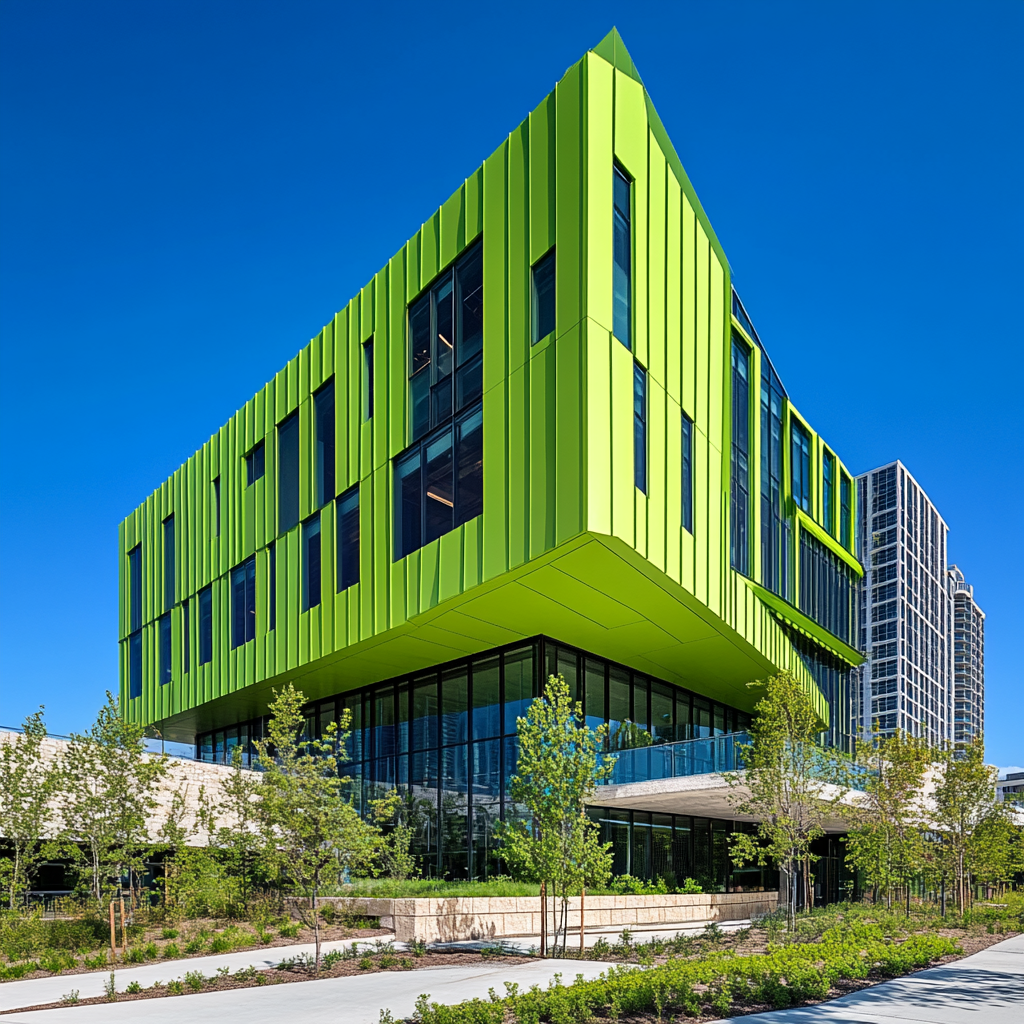 Bold, green building surrounded by peaceful courtyard and trees.