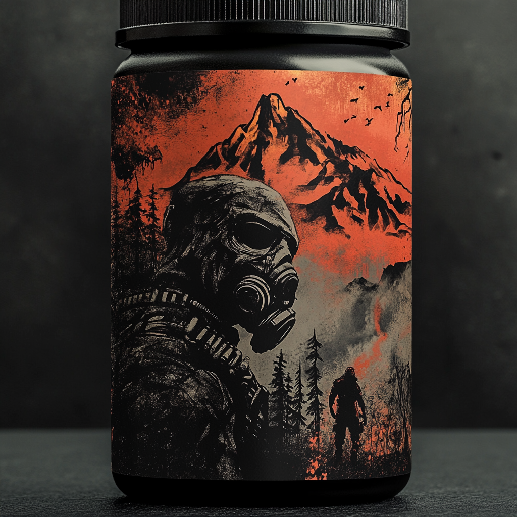 Bold, intense pre-workout label inspired by post-apocalyptic survival