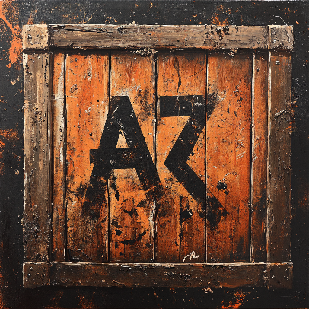 Bold 'AK-47' on weathered wooden crate with spray paint.