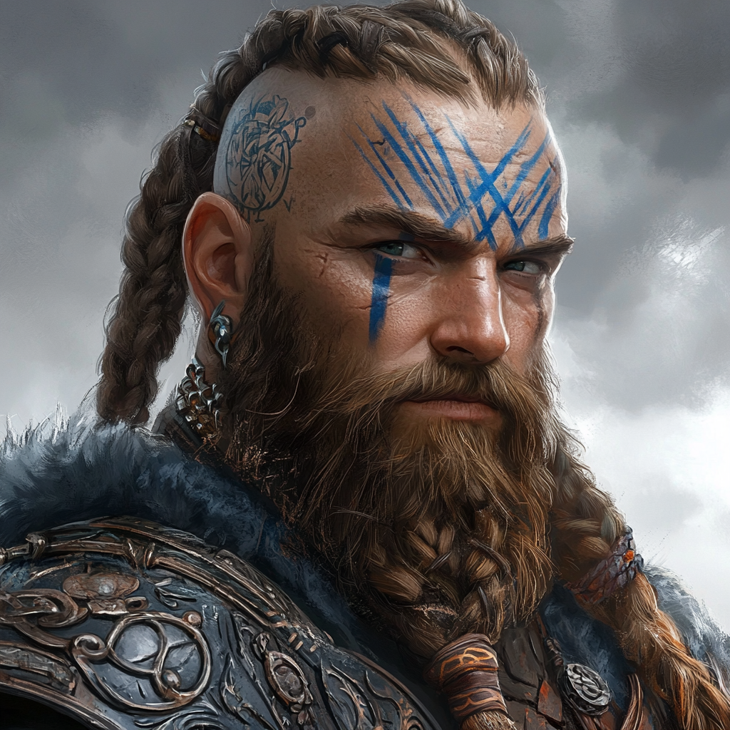 Bold Dwarf Bard with Blue Tattoos and Braided Beard