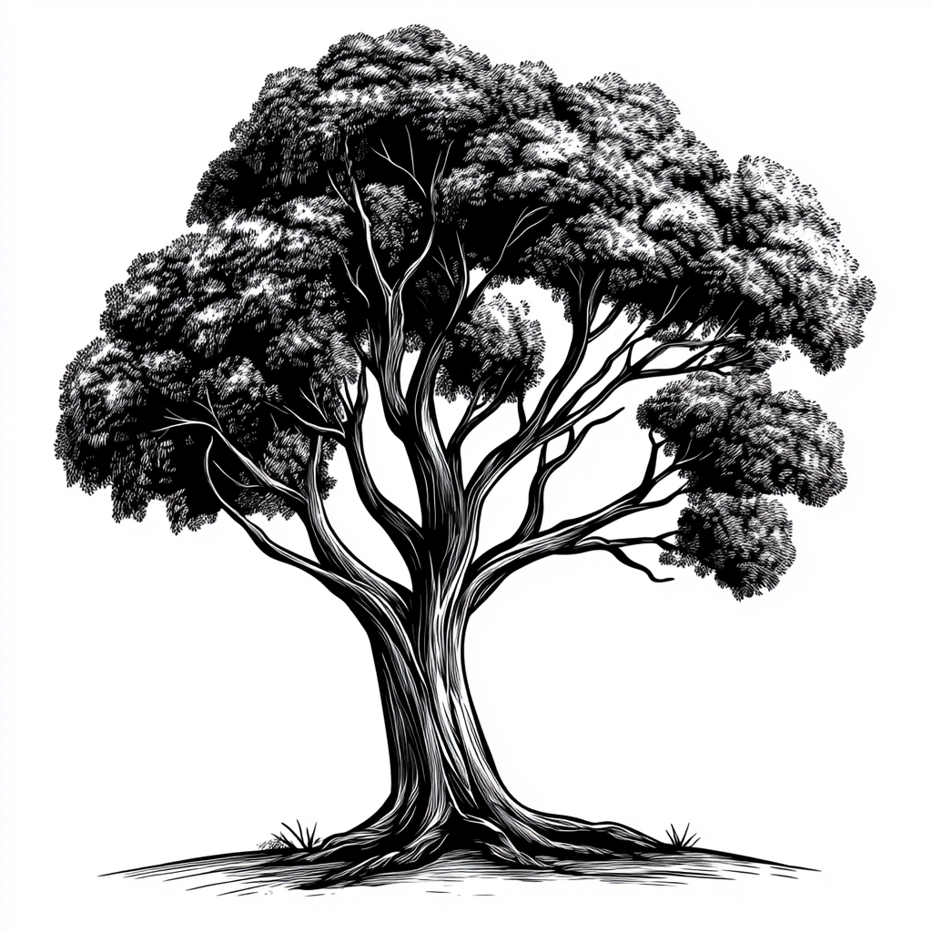 Bold Jarrah tree with thick, symmetrical branches. Vintage style.