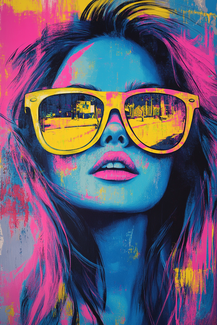 Bold Woman in Sunglasses Reflecting Neon Urban Chaos