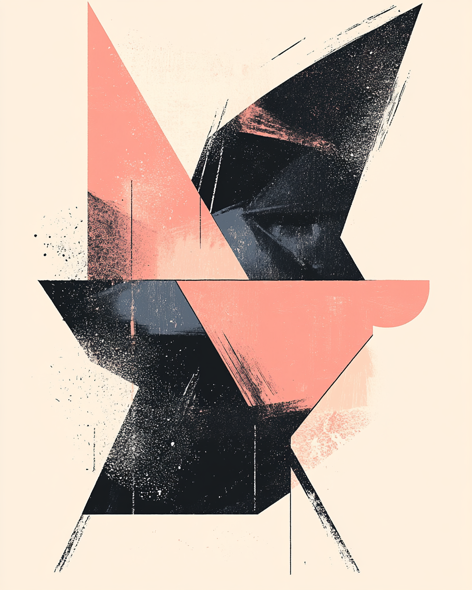 Bold abstract shapes in muted colors.