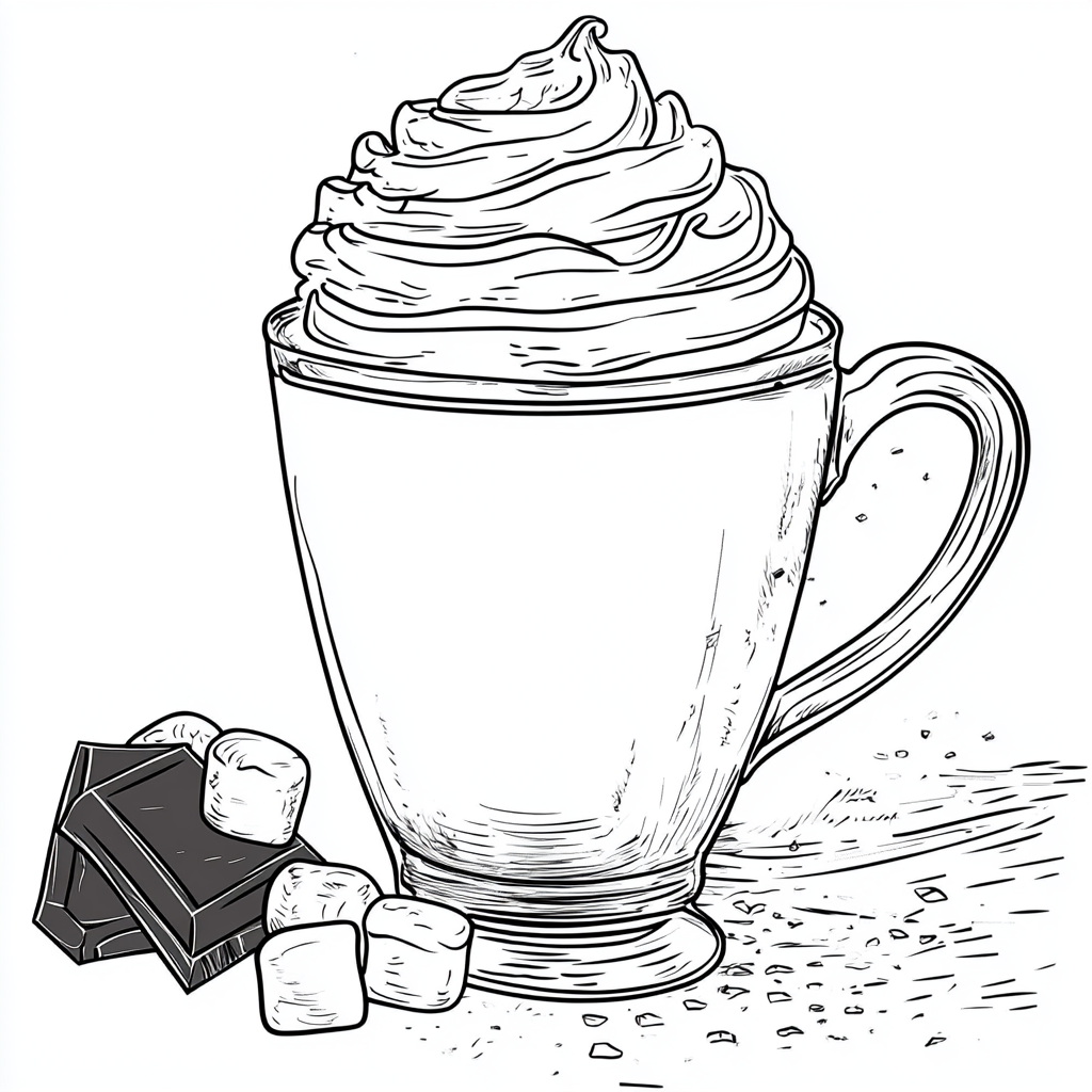 Bold outline hot chocolate coloring page with toppings