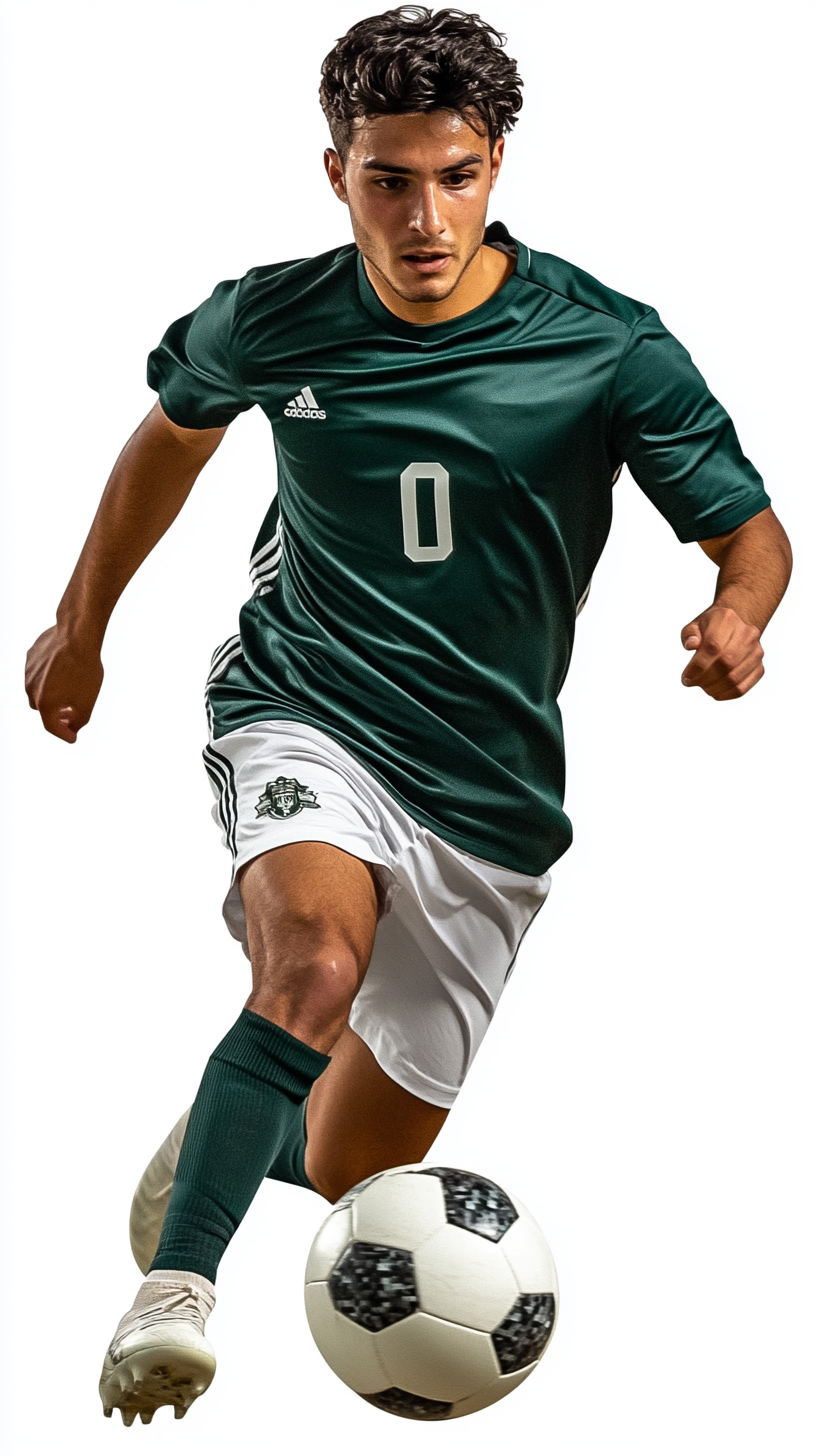 Bolivian soccer player in green shirt, white shorts, side view