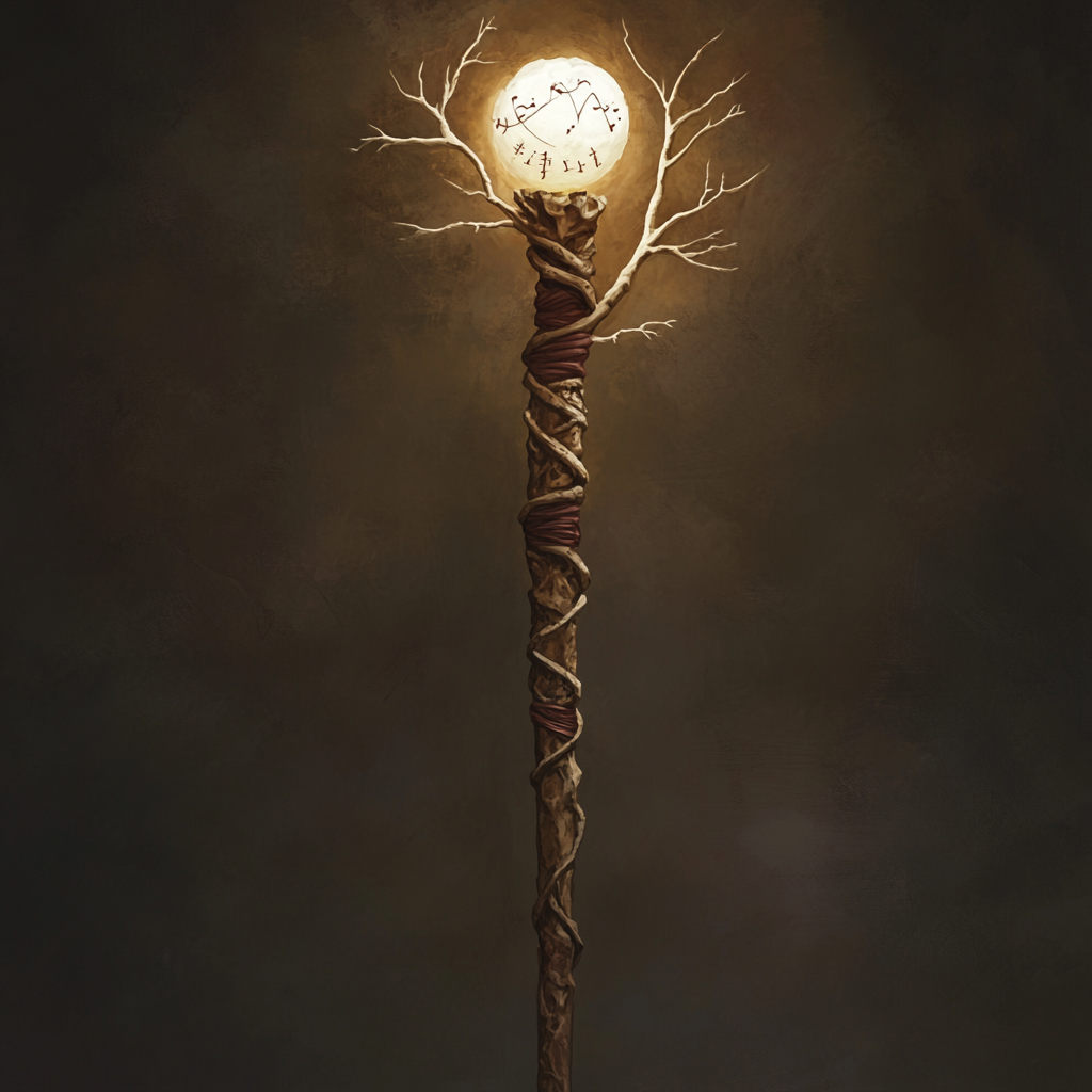 Bone staff with maroon lines, glowing orb, strange inscriptions.