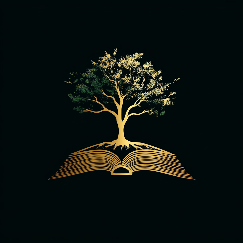 Book logo design: gold semi-closed book, metallic green tree.