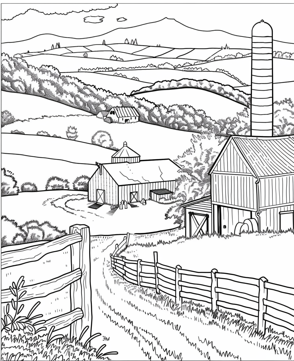 Book page: Black and white farm illustration.