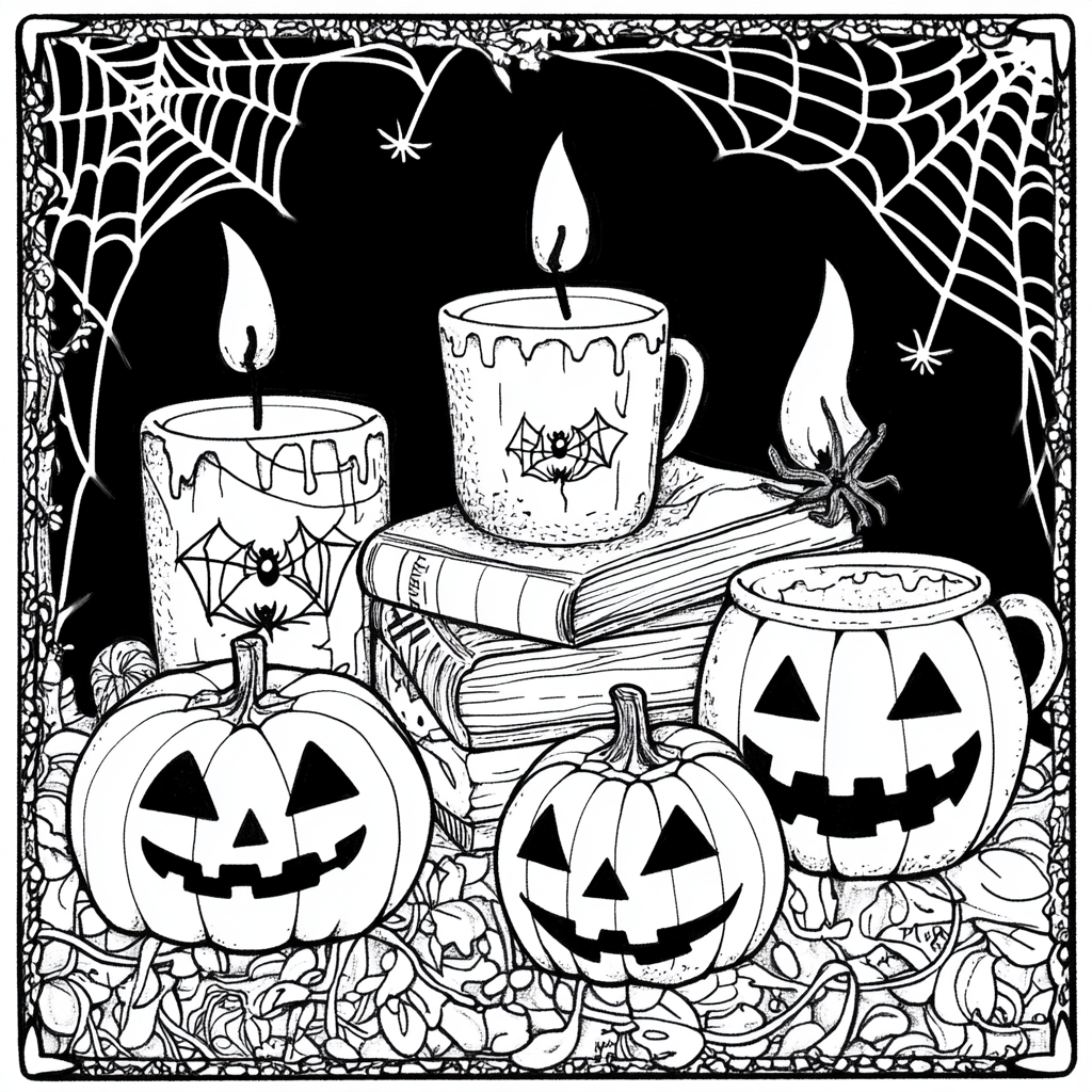 Books, candles, mugs with Halloween symbols, spider webs border