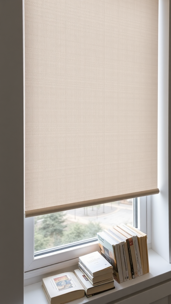 Books on Windowsill with Roller Blinds viewed from top