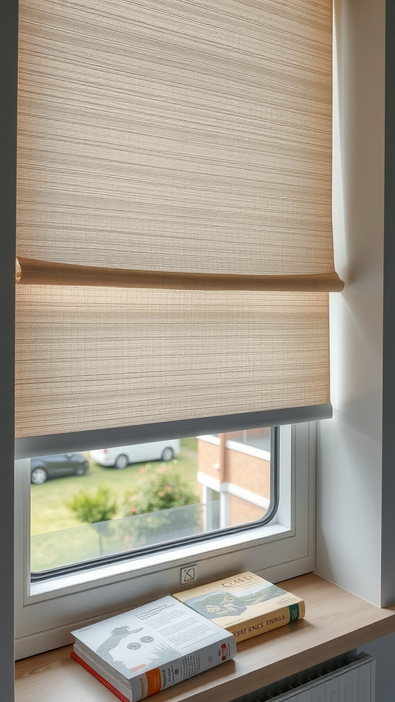 Books on windowsill under roller blinds with fabric.