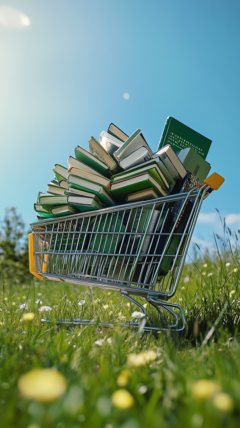 Books tumbling down hill, cart overflowing with green.