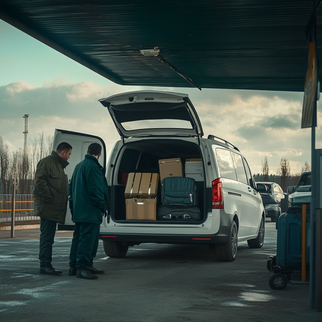 Border control scene: Ukraine-Romania checkpoint, car inspection, travel prep.