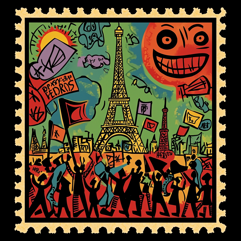 Border design stamp with whimsical French protest at Eifeltower.