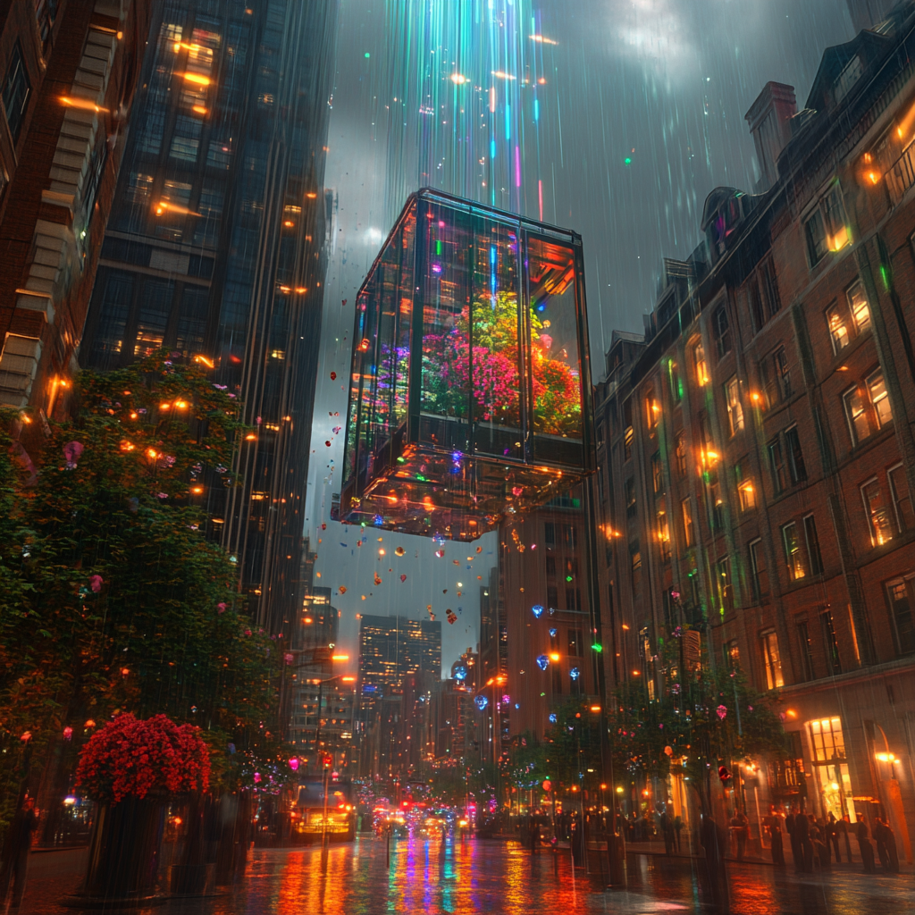 Boston's futuristic cityscape: captivating, creative, realistic, with lights