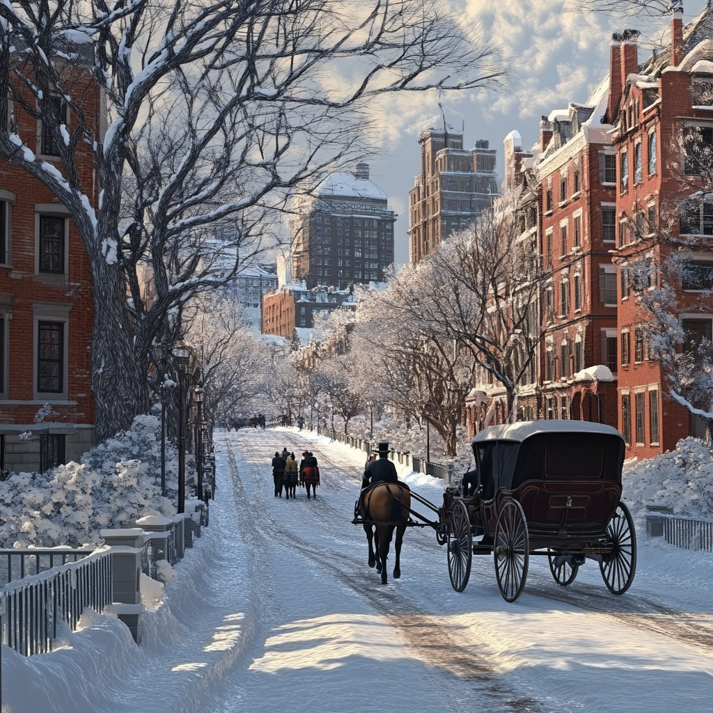 Boston in 1900s: realistic, old city, winter flowers.