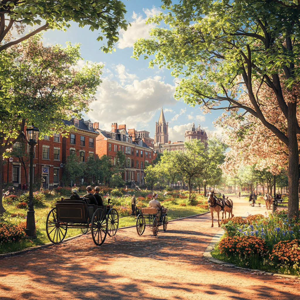 Boston in 1900s: realistic, photographic, old houses, people, carriage.