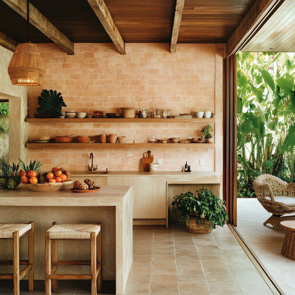 Botanical bungalow kitchen and living room design 