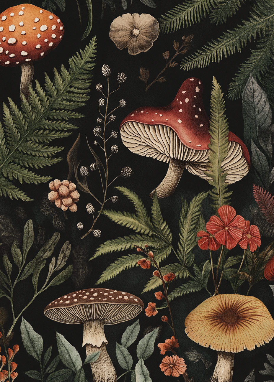 Botanical forest print with vibrant colors and detailed illustrations