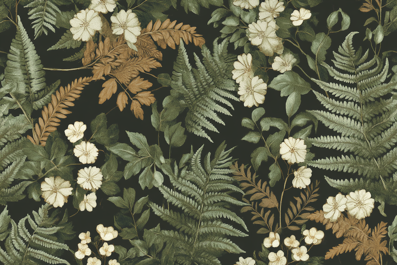 Botanical wallpaper with ferns, leaves, delicate flowers. Rich, elegant.