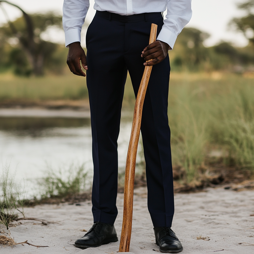 Botswana groom in navy trousers and black shoes.