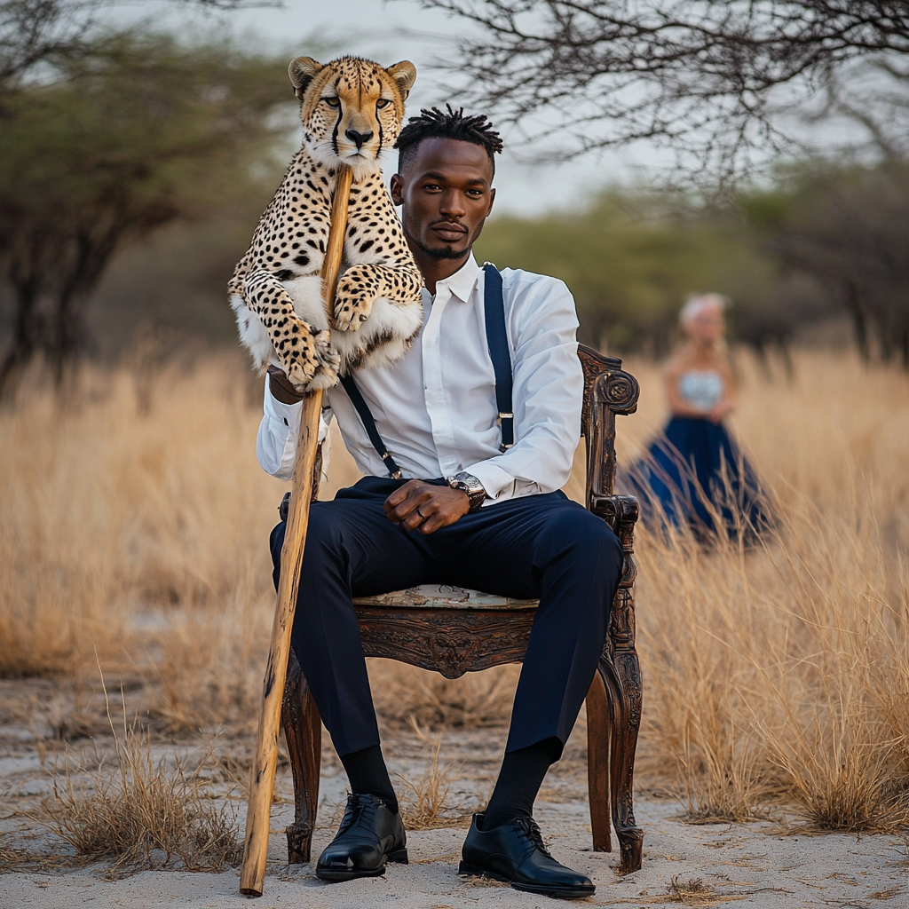 Botswana groom sits on royal chair, holding staff.