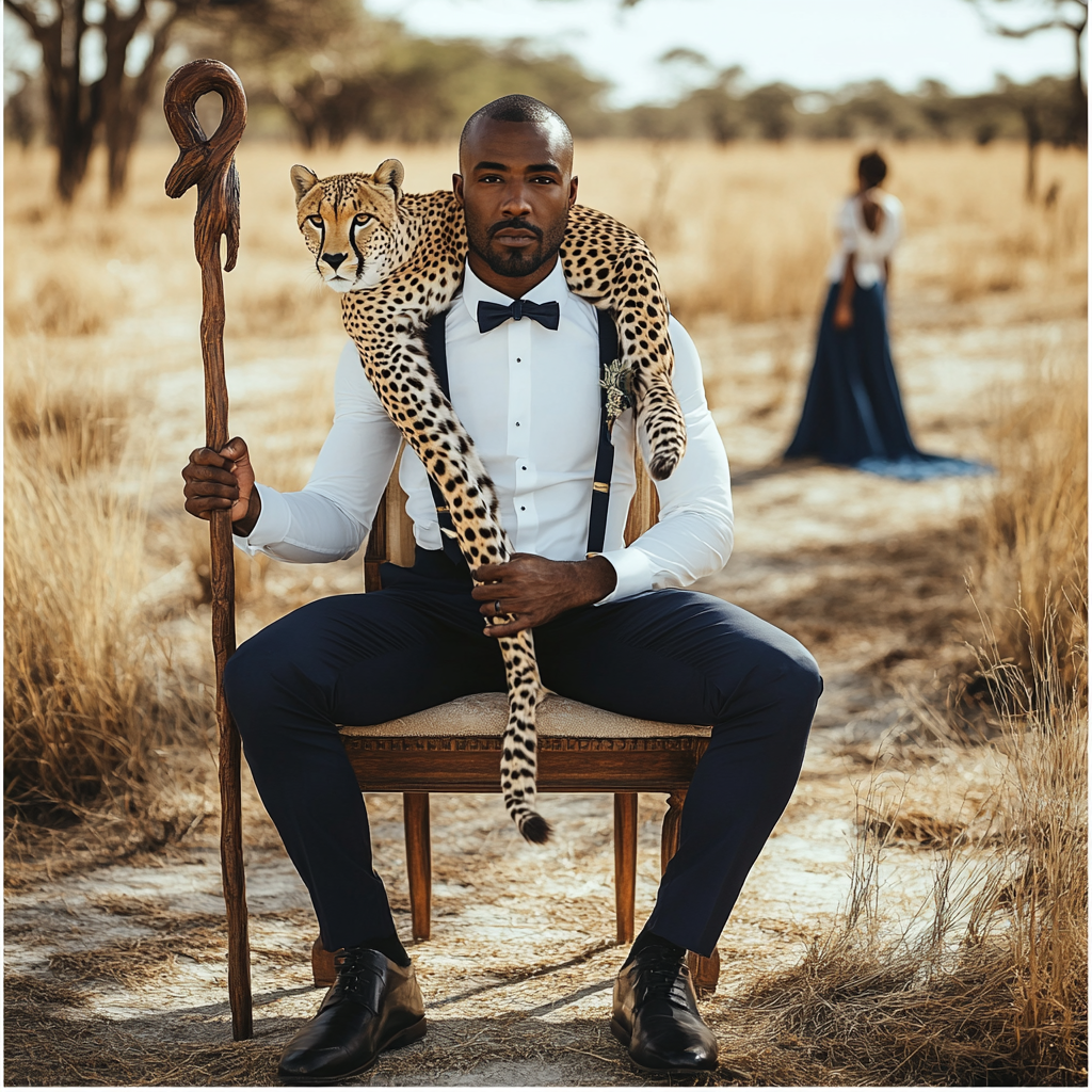 Botswana wedding groom holds wooden staff, sits royal chair.