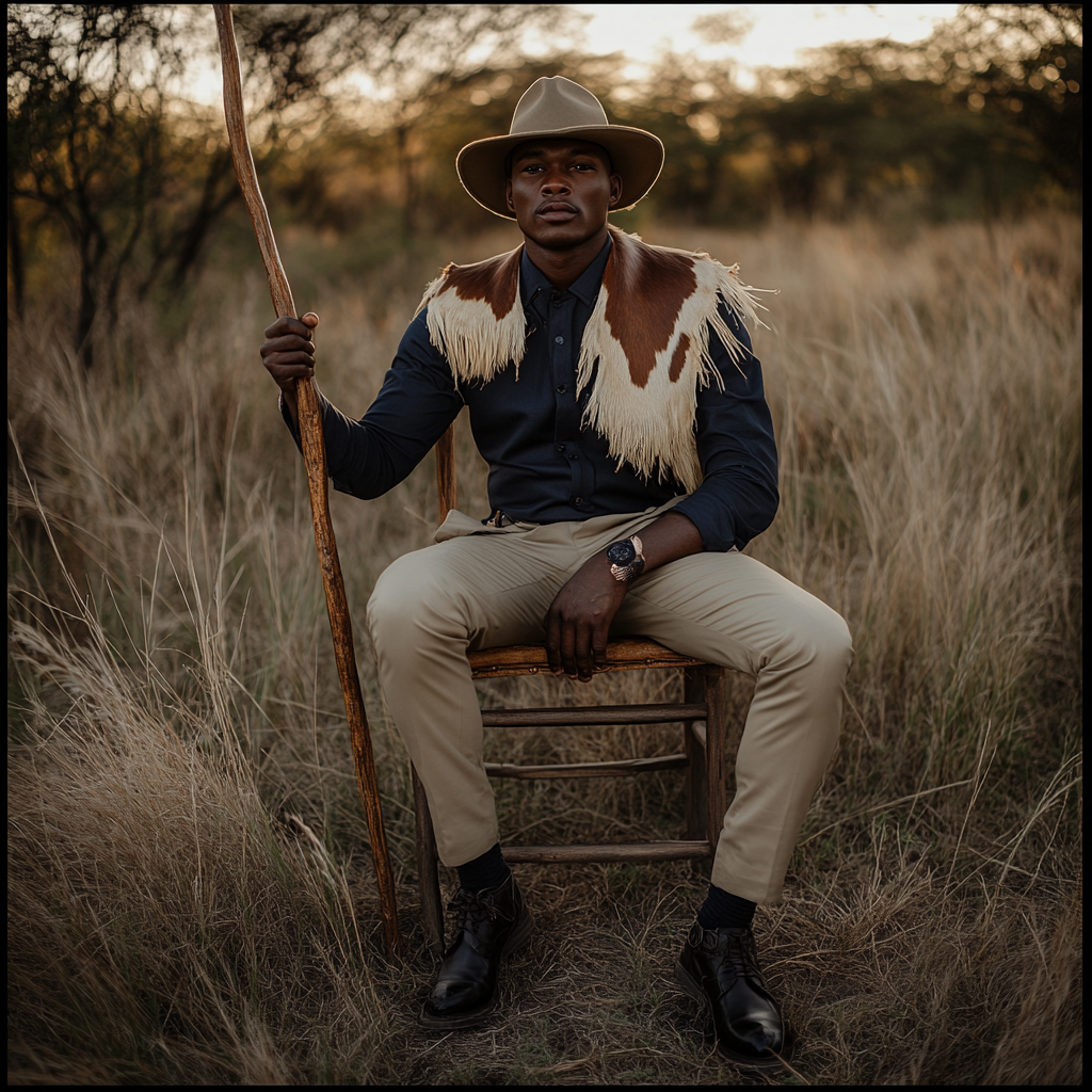 Botswana wedding groom in traditional attire, regal photoshoot.