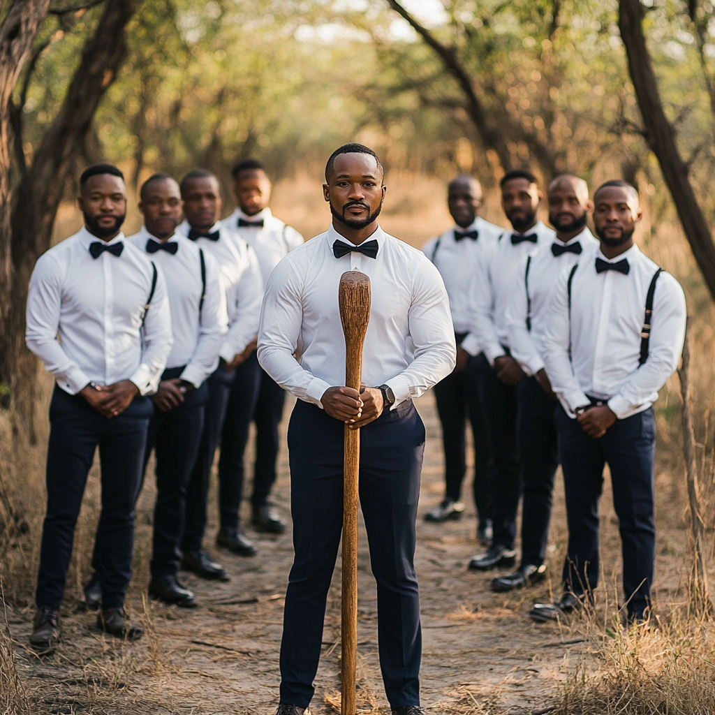 Botswana wedding groom with groomsmen, holding staff, fancy attire.