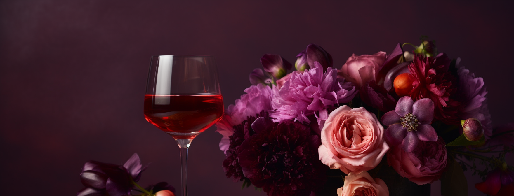 Bouquet of flowers, pink to purple gradient, wine glass