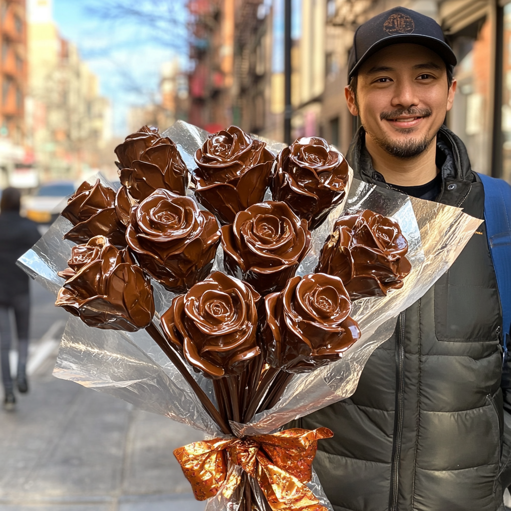 Bouquet of milk chocolate roses for girlfriend, Japanese man smiling.