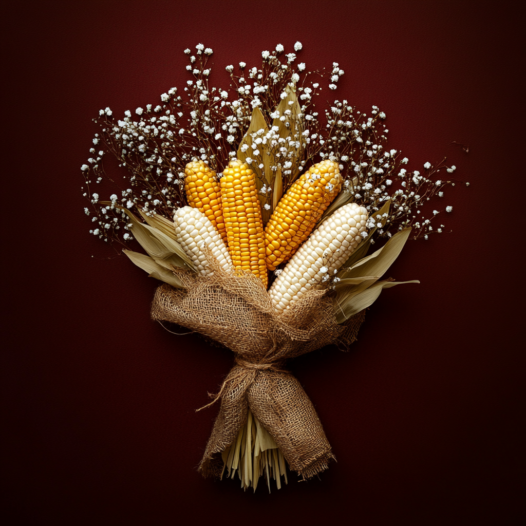 Bouquet of yellow and white corn on red background.