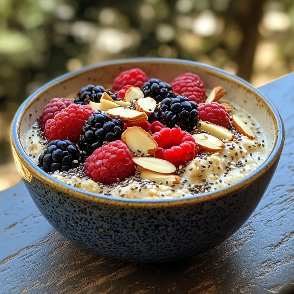 Bowl of colorful overnight oats with fresh berries.