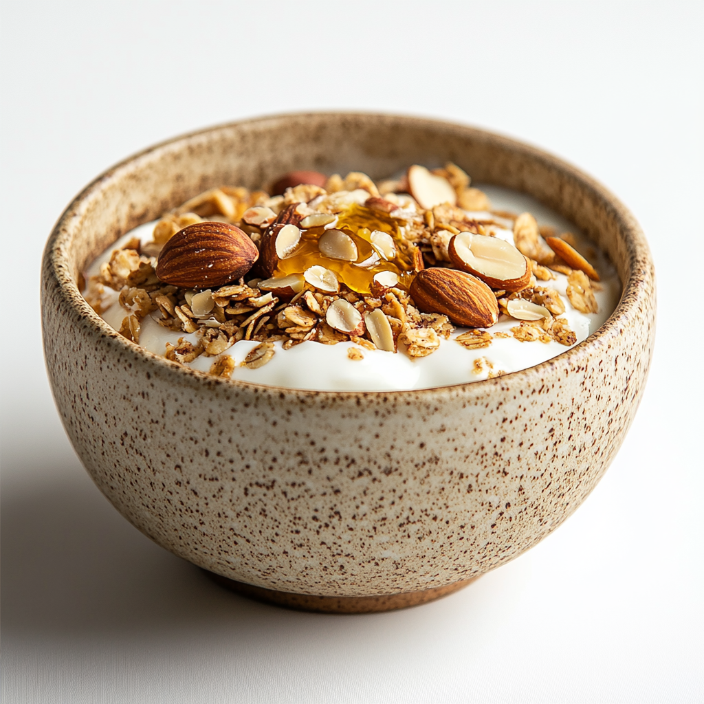 Bowl of golden granola with vanilla yoghurt, honey drizzle.