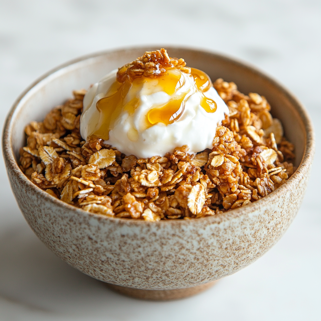 Bowl of golden granola with yogurt and honey on top.