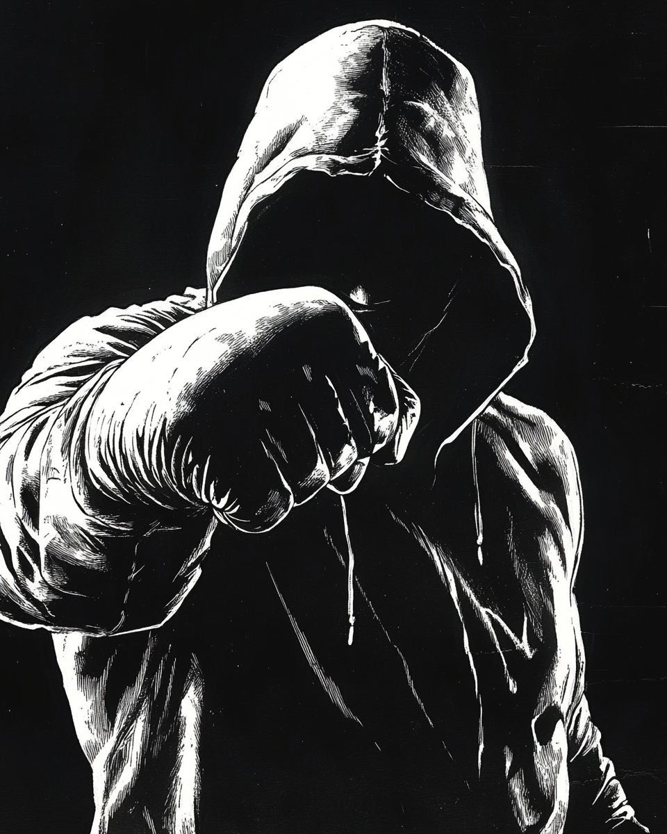 Boxer in black hoody throwing punch in shadows.