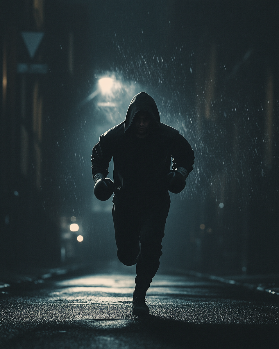 Boxer in hooded sweatshirt throwing punches on dark street.