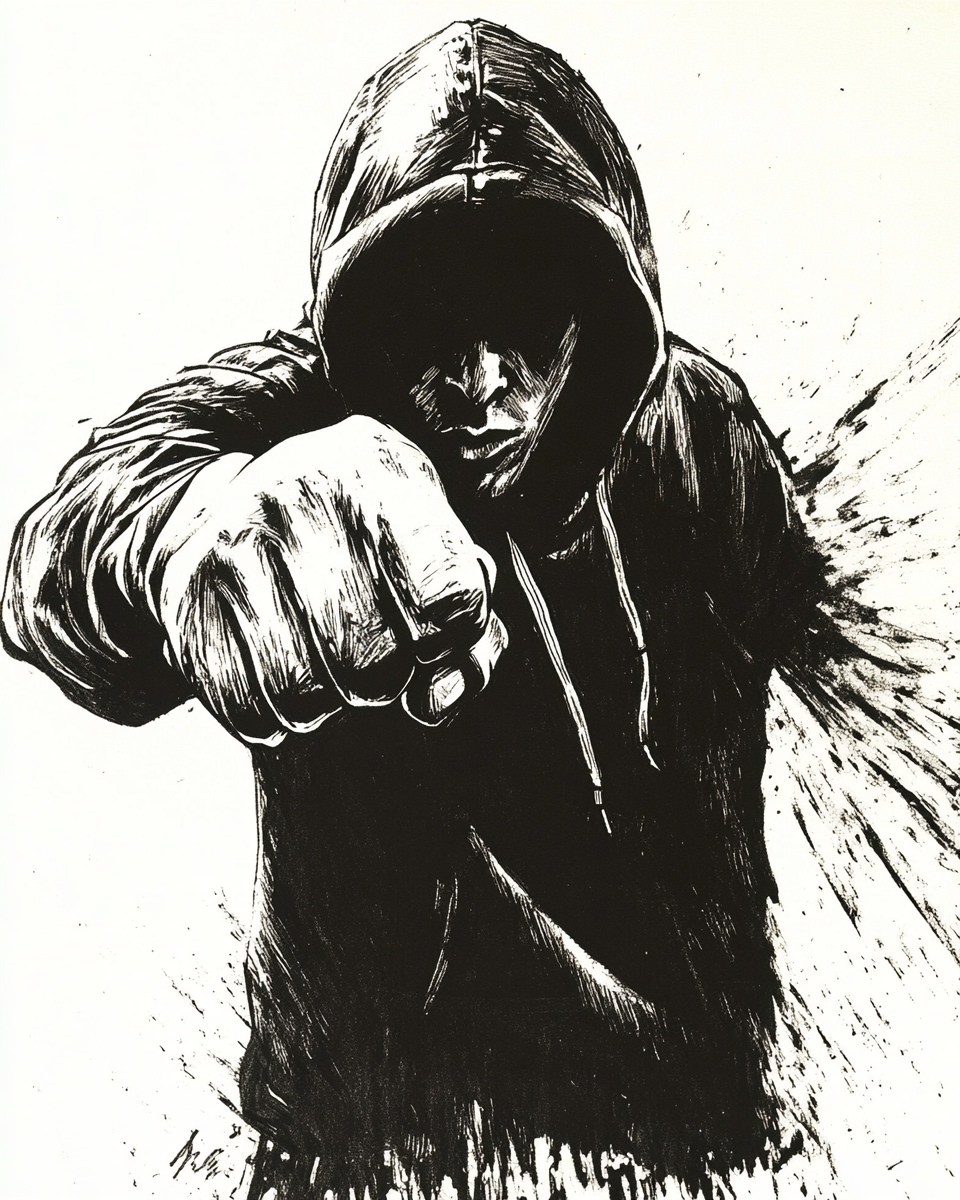 Boxer in hoody, throwing punch in shadows. 4:5.