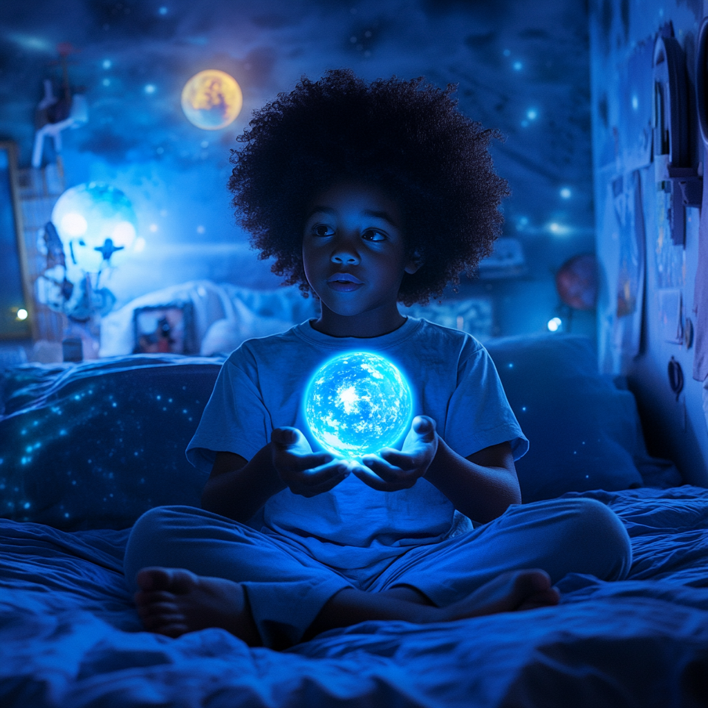 Boy's Cosmic Wonder: The Glowing Blue Orb