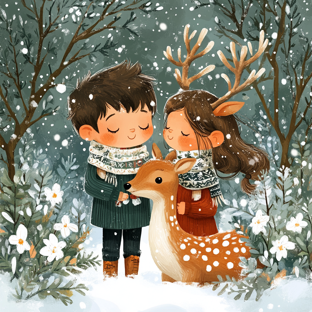 Boy, girl, deer, snow, greenery, flowers, scarves, Christmas, details.