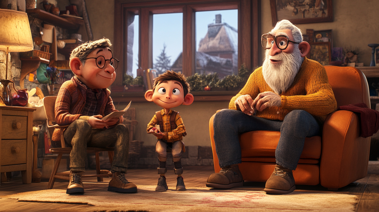 Boy, monkey, and grandpa bond in cozy living room.