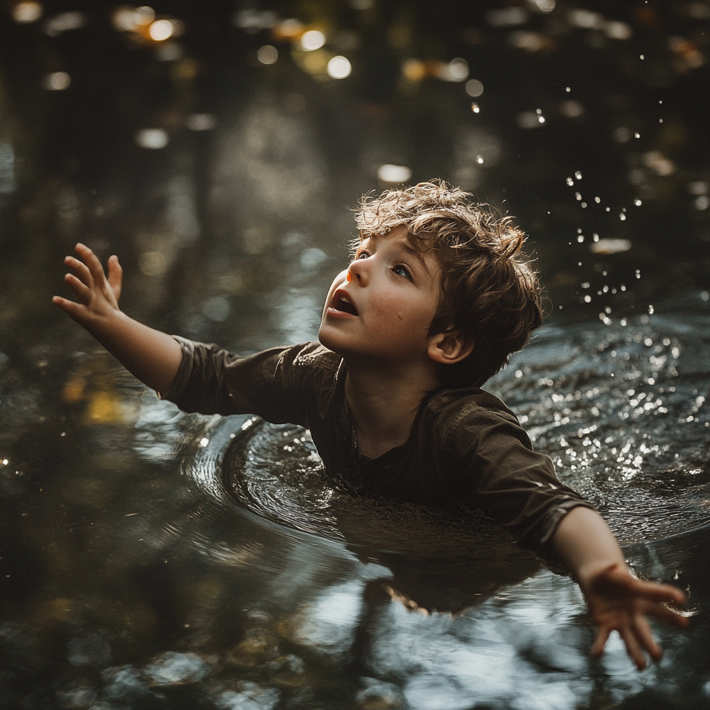 Boy Falling Into Pond, Scared Expression, Cinematic Capture 