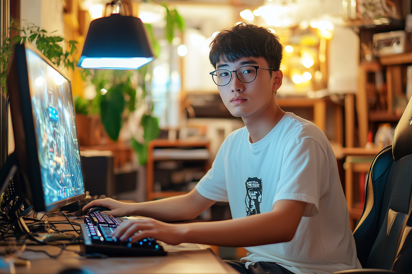 Boy Playing Computer Games in Cozy Room