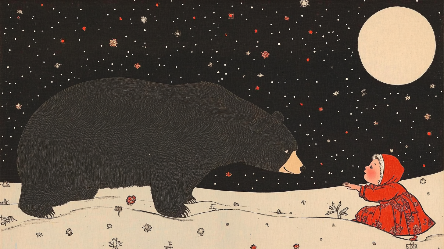 Boy and Bear Slavic Folk Art Illustration Night Sky