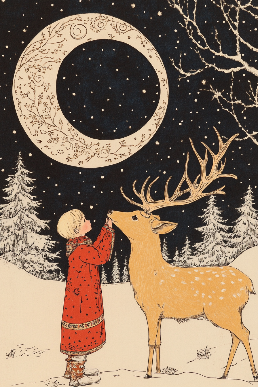 Boy and Deer Night Sky Slavic Folk Art