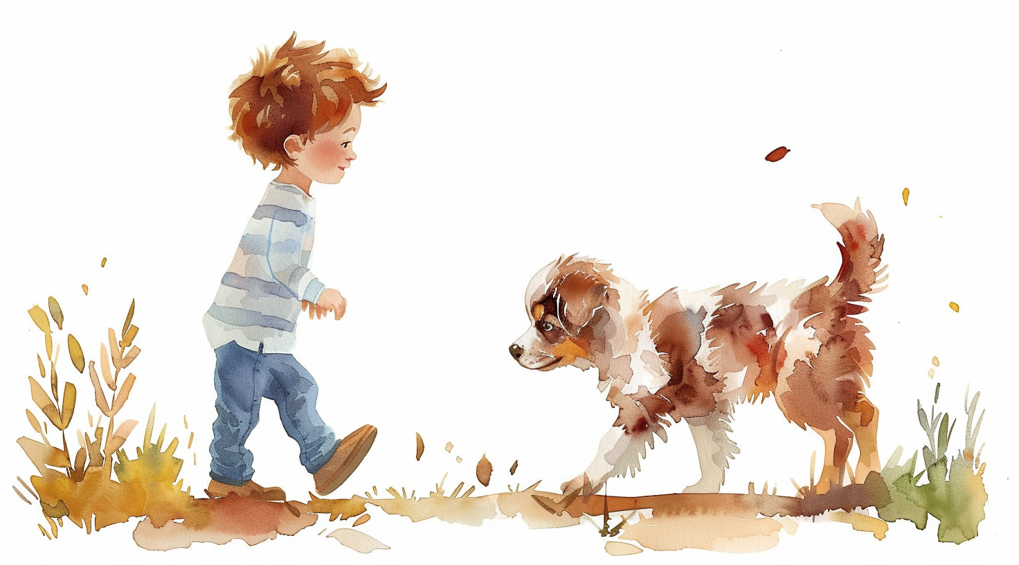 Boy and Puppy Walking on Path in Watercolor