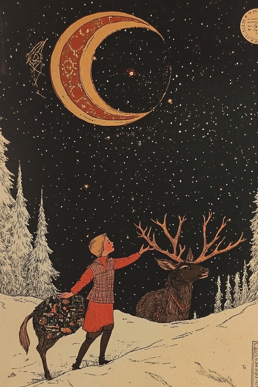 Boy and deer in Slavic folk art style