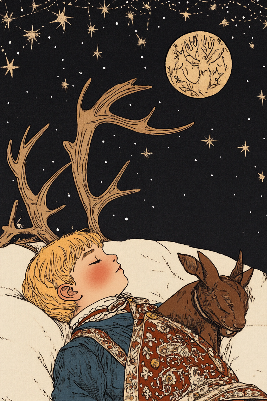 Boy and deer sleep under starry sky