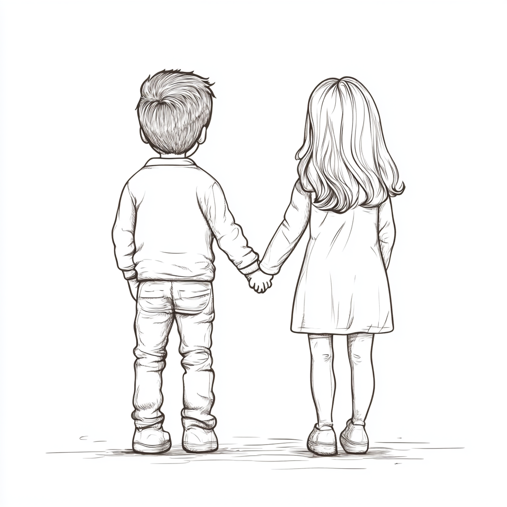 Boy and girl holding hands in simple outlined drawing.